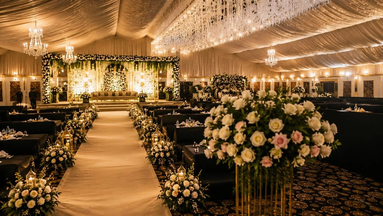Grand wedding hall with floral arrangements and aisle